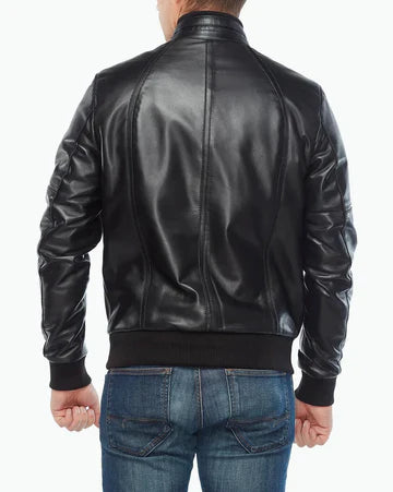 Mens Black Leather Bomber Biker Jacket
