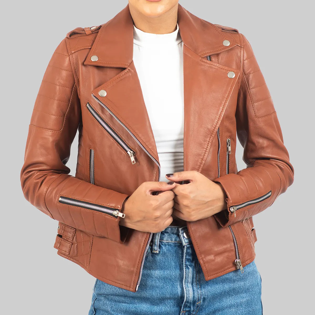 Elaine Women’s Brown Leather Biker Jacket