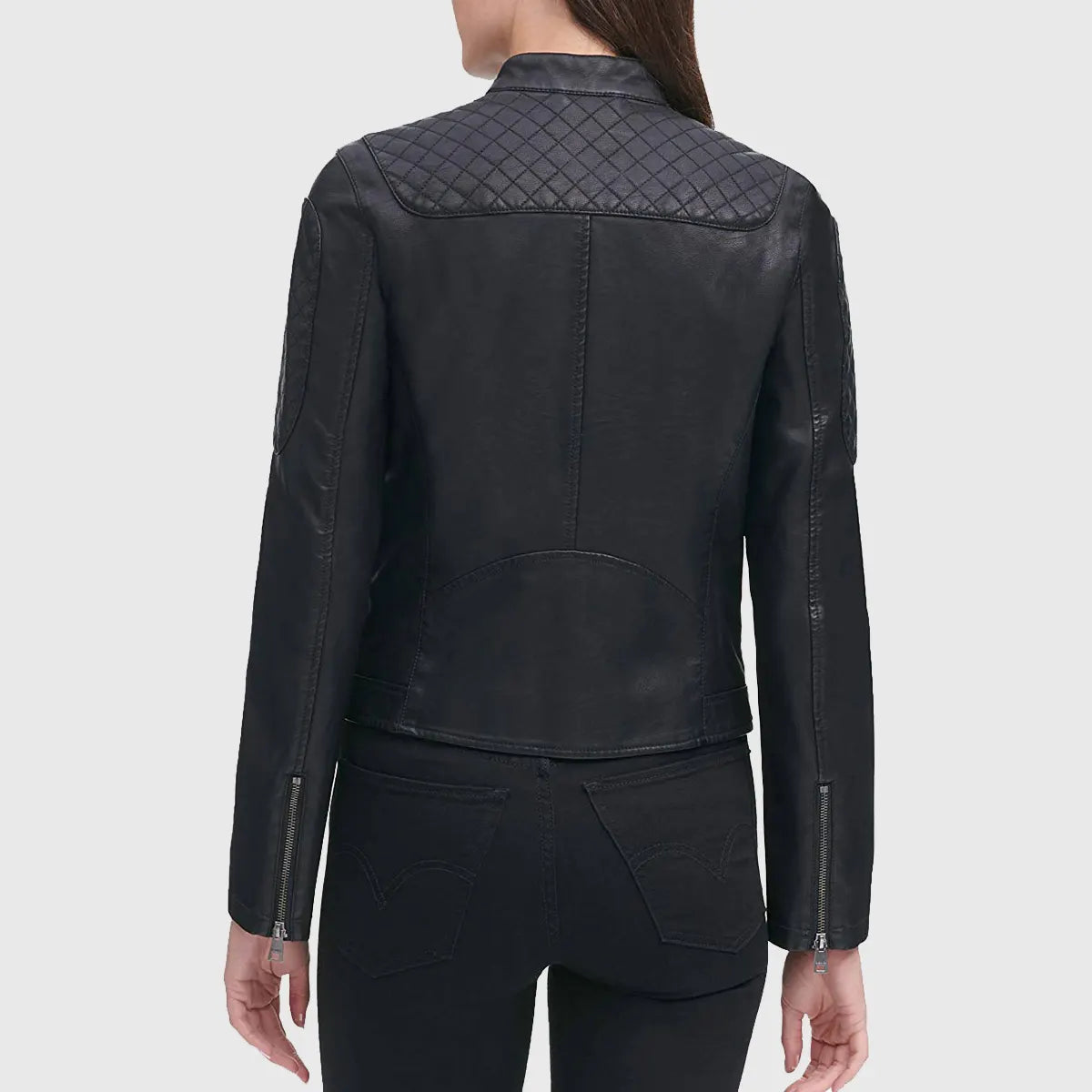 Womens Black Quilted Moto Cafe Racer Biker Jacket