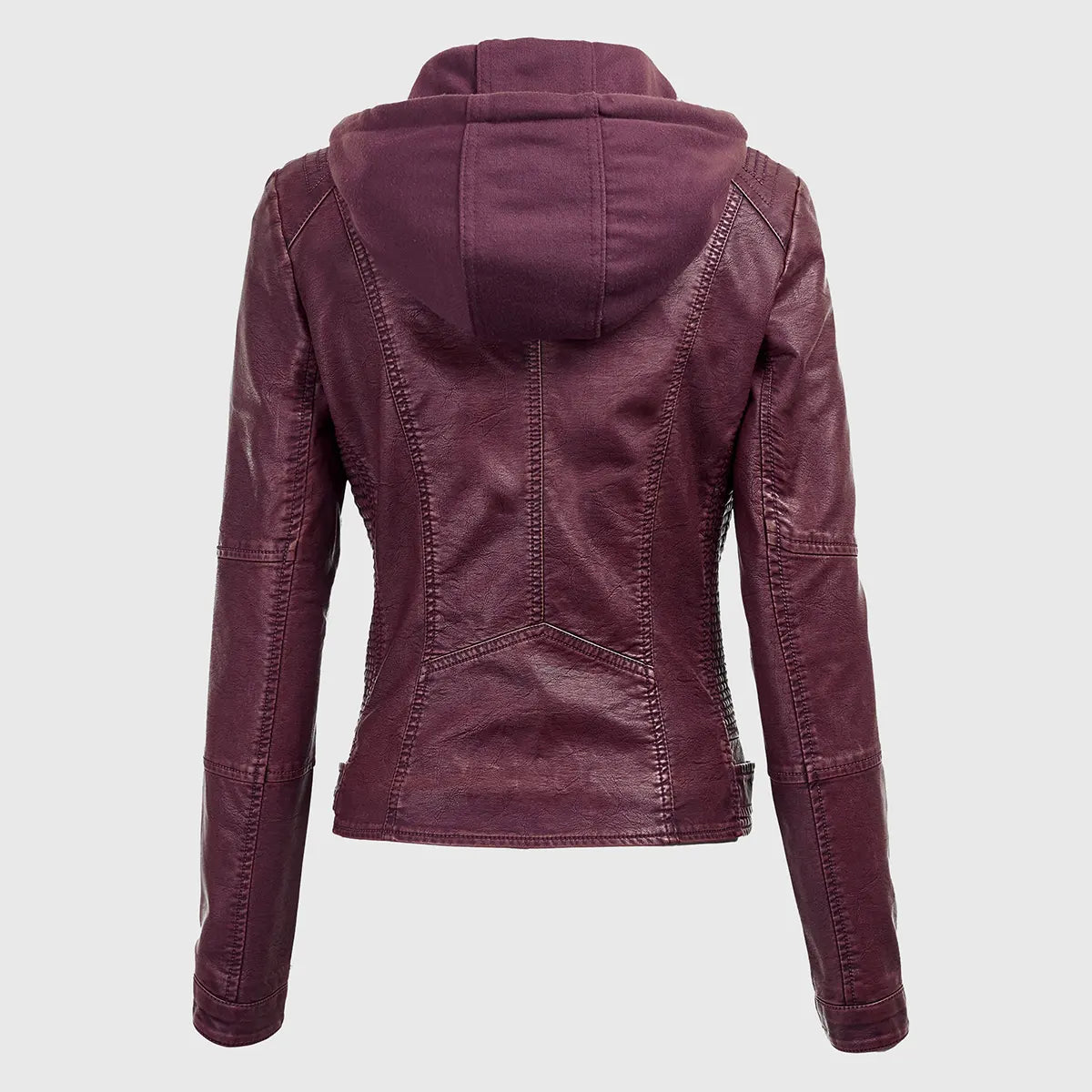 Womens Maroon Detachable Hooded Leather Jacket