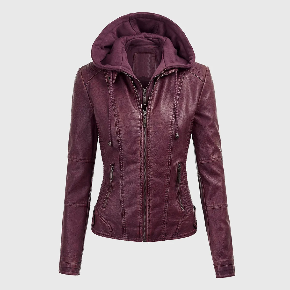 Womens Maroon Detachable Hooded Leather Jacket