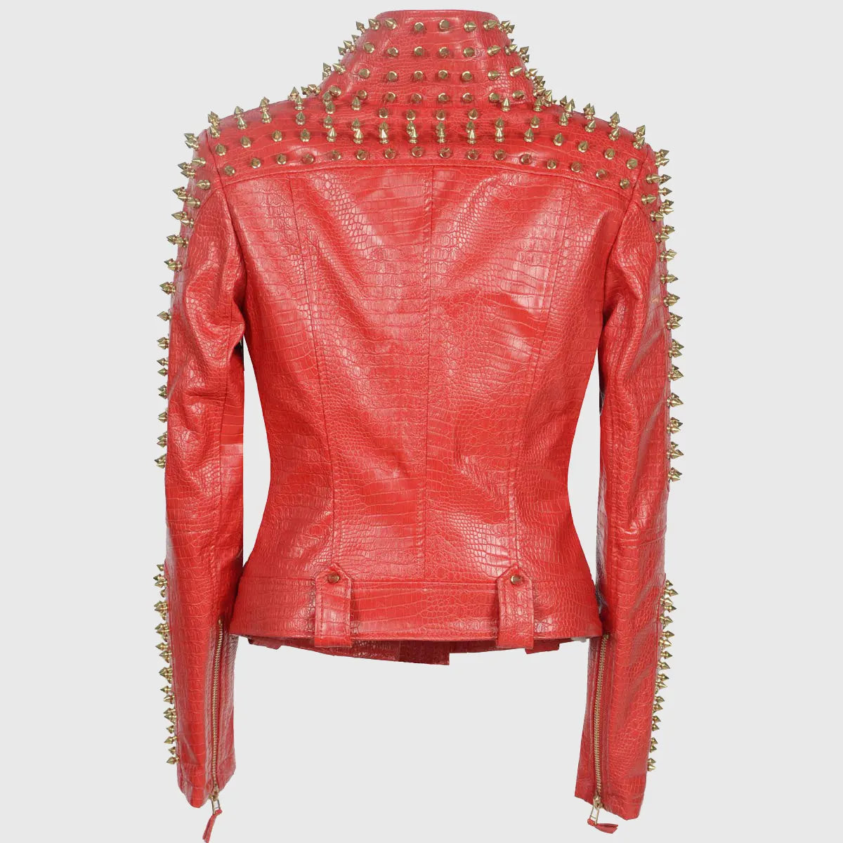 Womens Red Studded Biker Leather Jacket