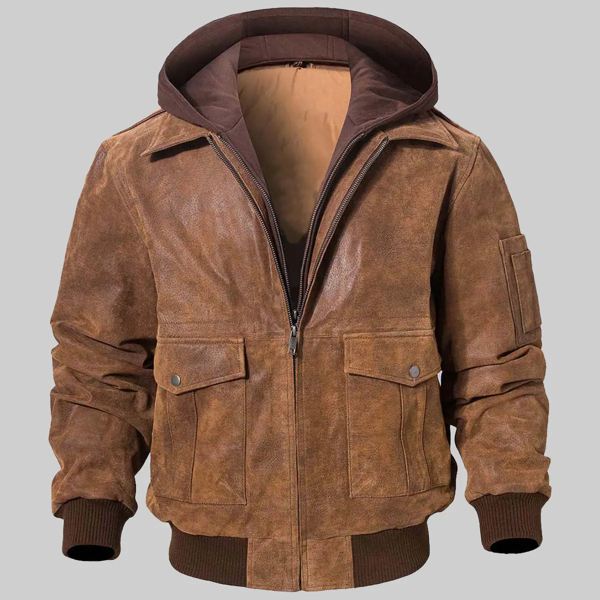 Mens Brown Bomber Hooded Leather Jacket