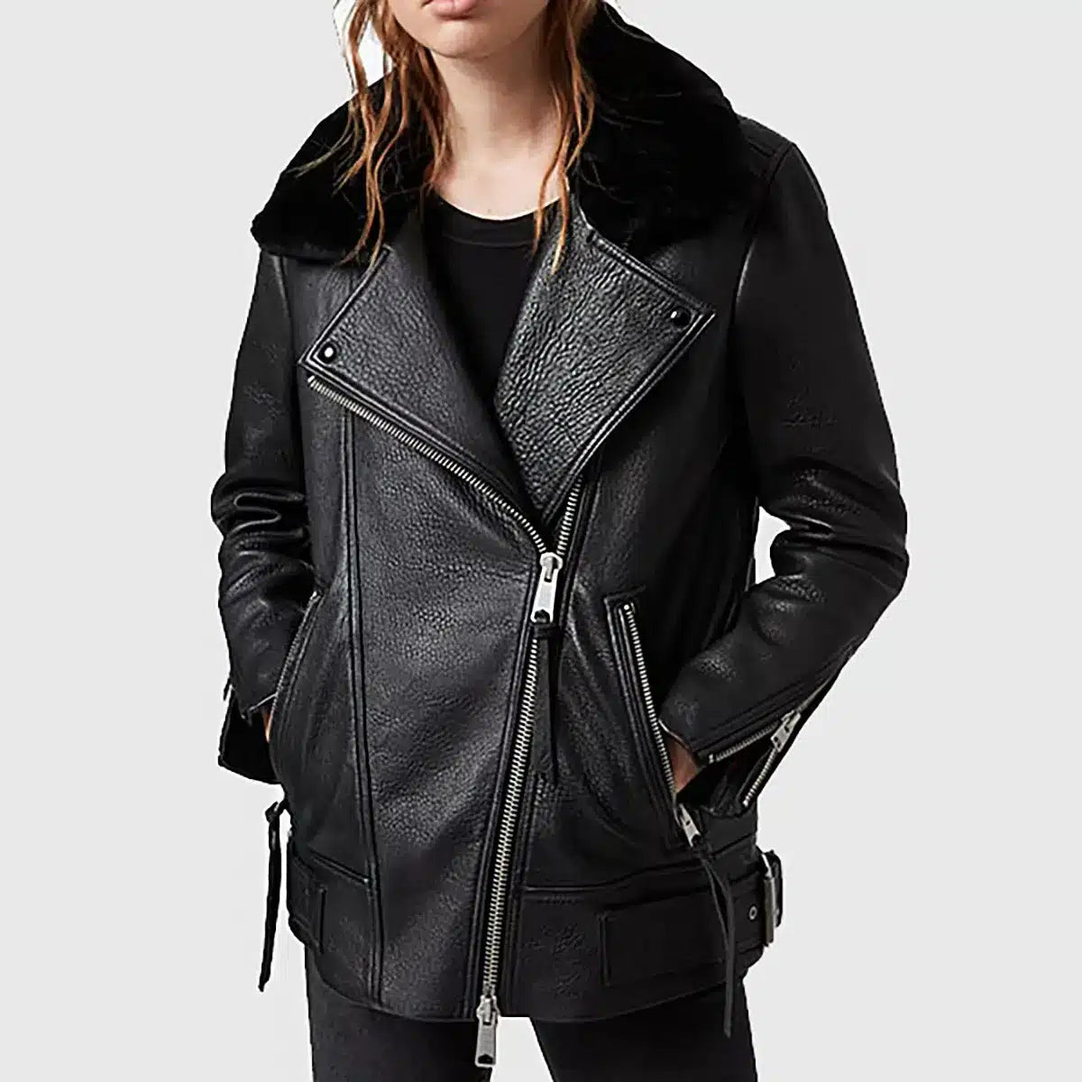 Women’s Black Shearling Leather Biker Jacket