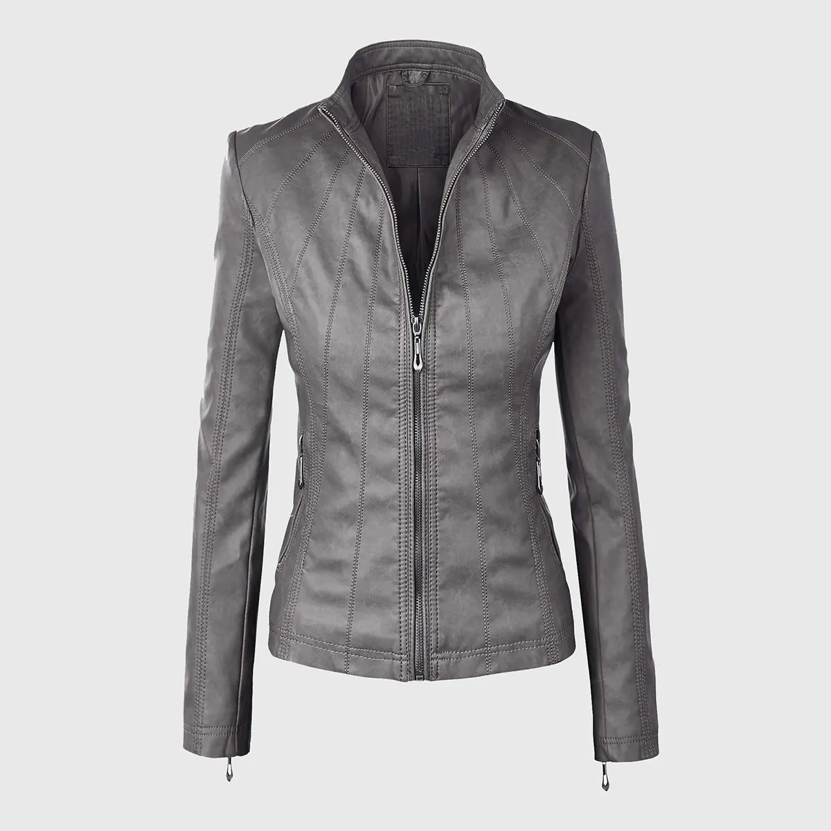 Womens Grey Moto Biker Leather Jacket