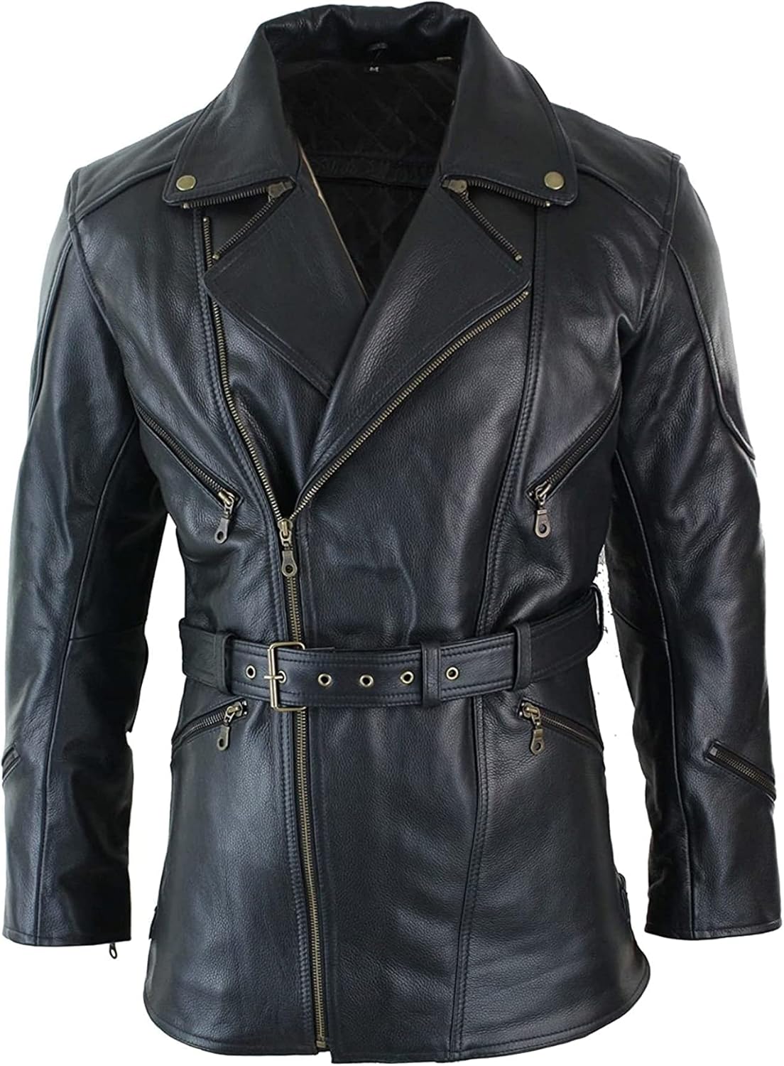 Mens Genuine Leather Coat 3/4 Quarter Motorcycle Black Biker Long Jacket Leather Car Coat Winter Outerwear