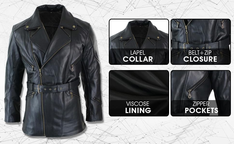Mens Genuine Leather Coat 3/4 Quarter Motorcycle Black Biker Long Jacket Leather Car Coat Winter Outerwear