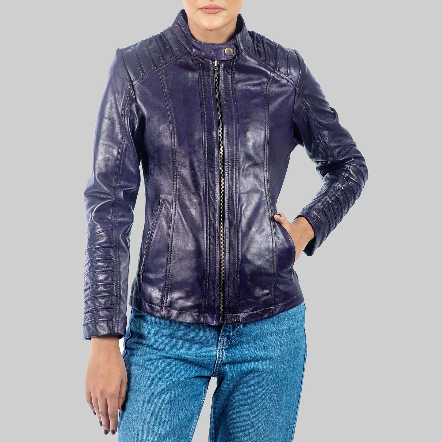 Women’s Purple Distressed Biker Leather Jacket