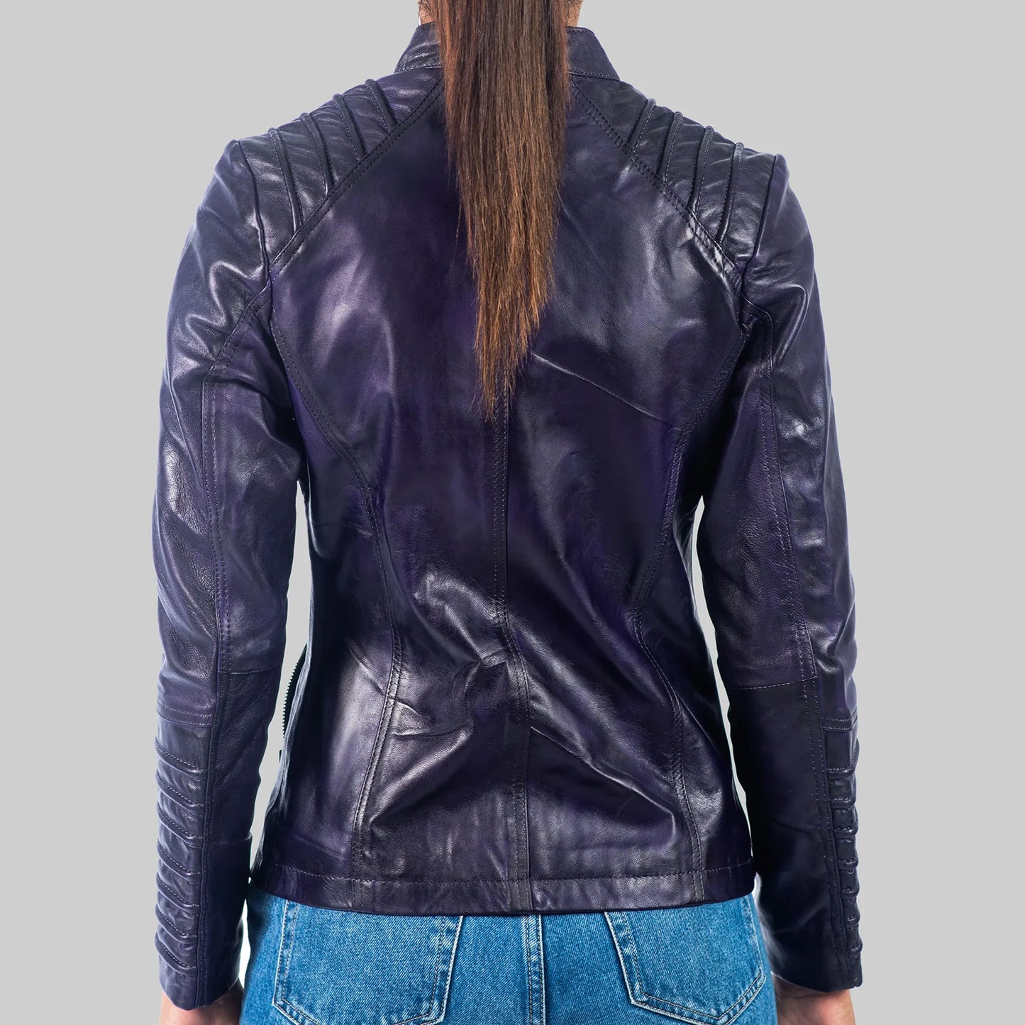 Women’s Purple Distressed Biker Leather Jacket