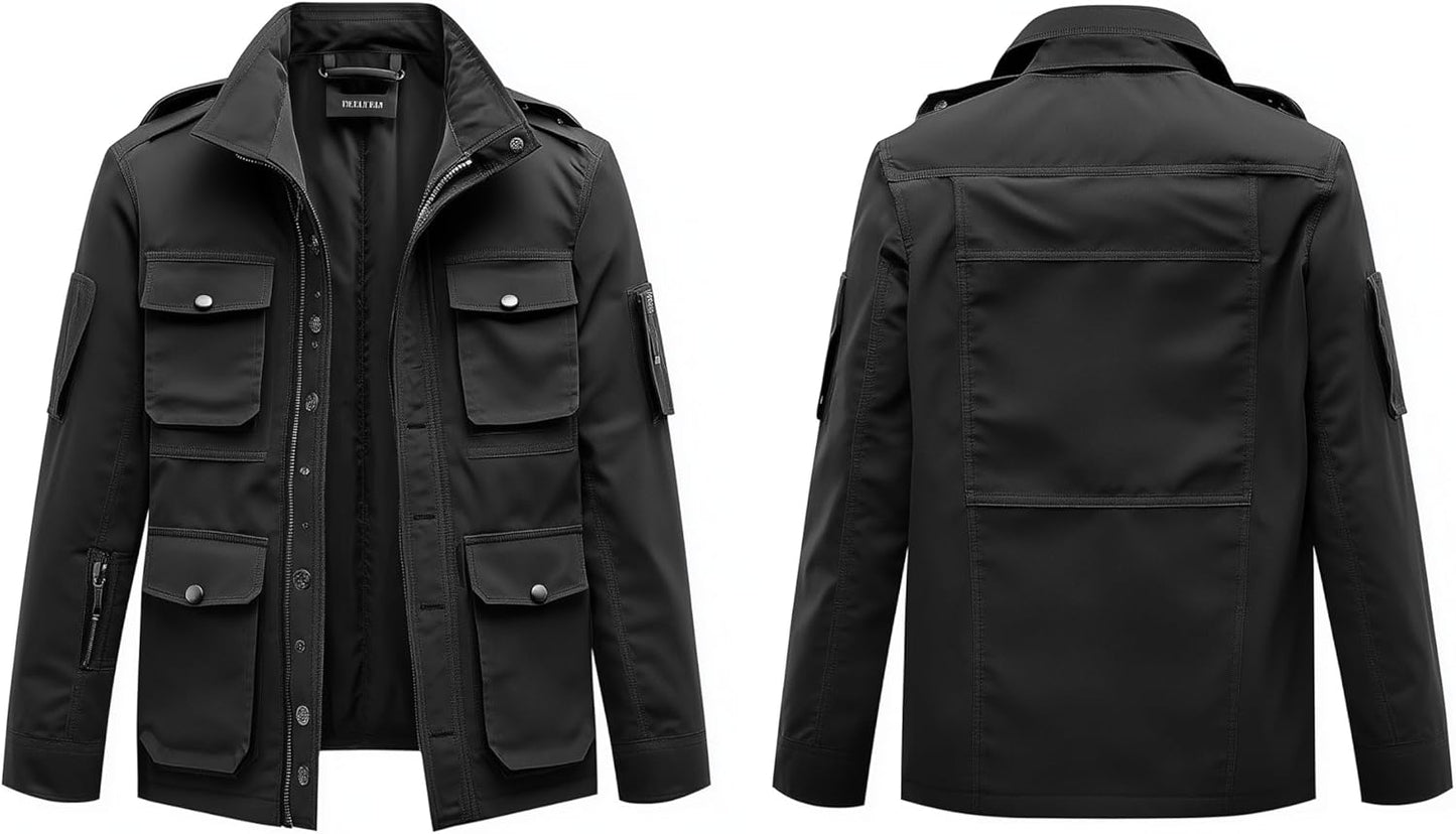 Mens M-65 Field Jackets Military Black Hip-Length Large Exterior Pockets Hooded Outdoor