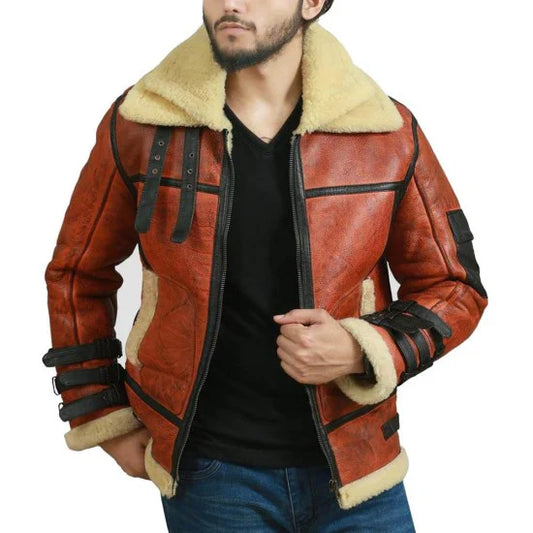 Mens B3 Bomber Shearling Leather Jacket with Fur Collar