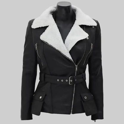 Women’s Black Biker Shearling Leather Jacket