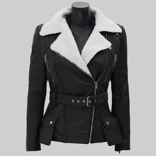 Women’s Black Biker Shearling Leather Jacket