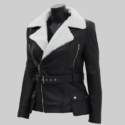 Women’s Black Biker Shearling Leather Jacket