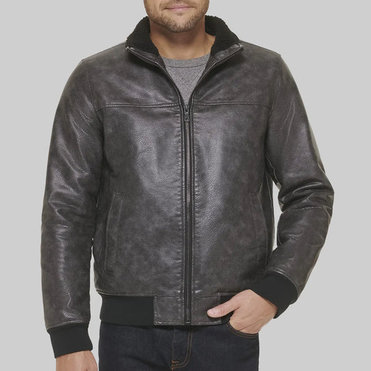 Mens Distressed Grey Bomber Leather Jacket
