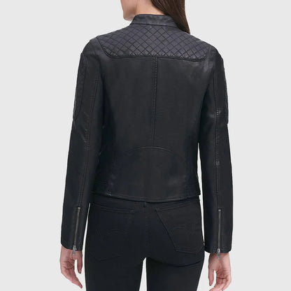Womens Black Quilted Moto Cafe Racer Biker Jacket