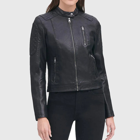 Womens Black Quilted Moto Cafe Racer Biker Jacket