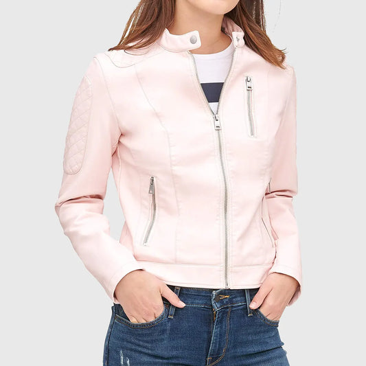 Womens Pink Quilted Moto Cafe Racer Biker Jacket