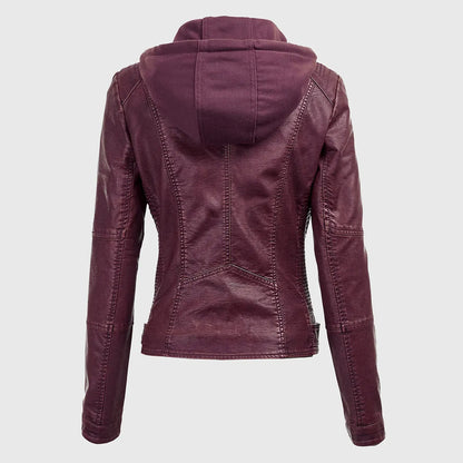 Womens Maroon Detachable Hooded Leather Jacket