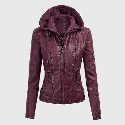 Womens Maroon Detachable Hooded Leather Jacket
