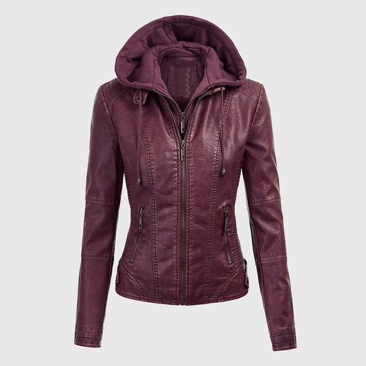 Womens Maroon Detachable Hooded Leather Jacket