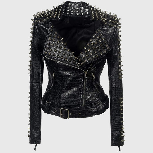 Womens Harper Black Studded Biker Leather Jacket