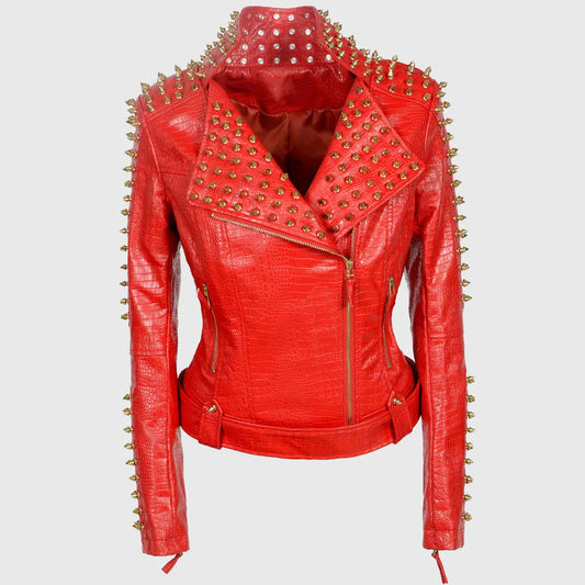 Womens Red Studded Biker Leather Jacket