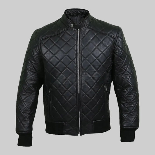 Mens Black Bomber Quilted Leather Jacket