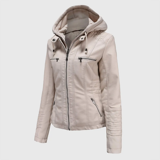 Womens White Hooded Leather Jacket