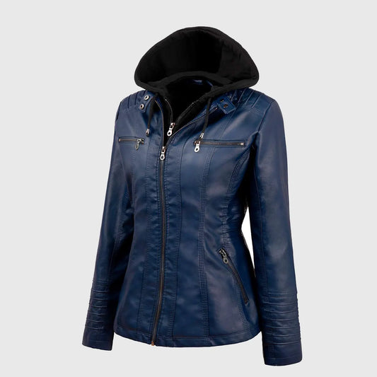 Womens Blue Hooded Leather Jacket