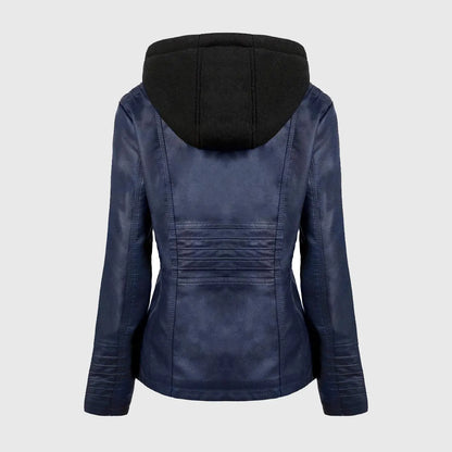 Womens Blue Hooded Leather Jacket