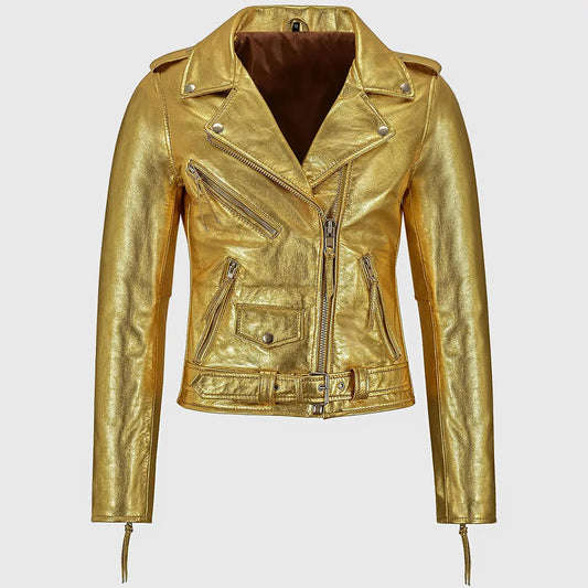 Women’s Golden Metallic Leather Biker Jacket