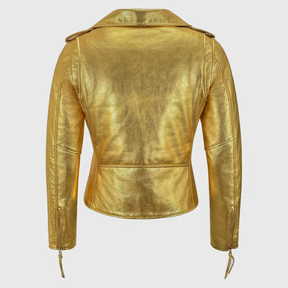Women’s Golden Metallic Leather Biker Jacket
