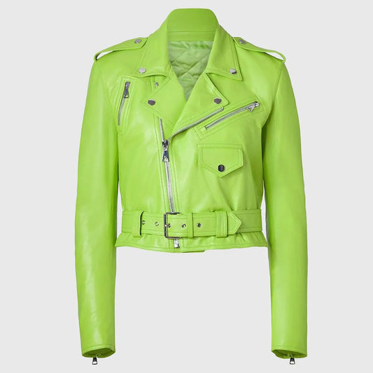 Women’s Light Green Leather Biker Jacket
