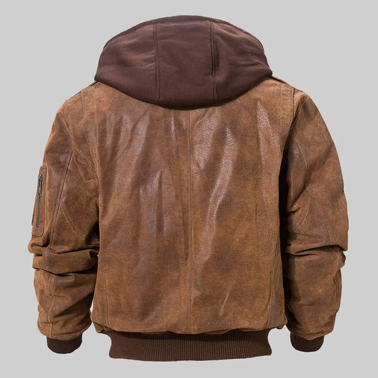 Mens Brown Bomber Hooded Leather Jacket