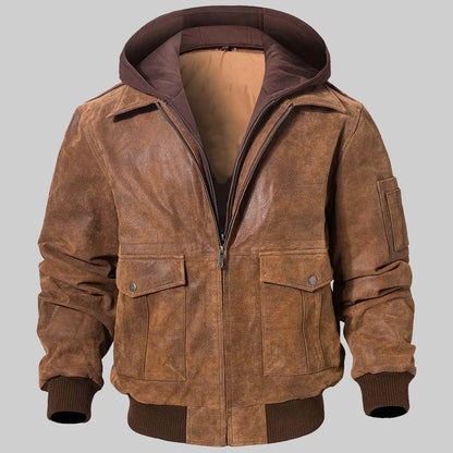 Mens Brown Bomber Hooded Leather Jacket