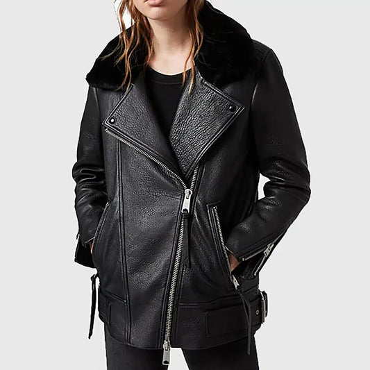 Women’s Black Shearling Leather Biker Jacket