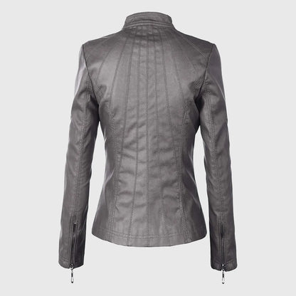 Womens Grey Moto Biker Leather Jacket