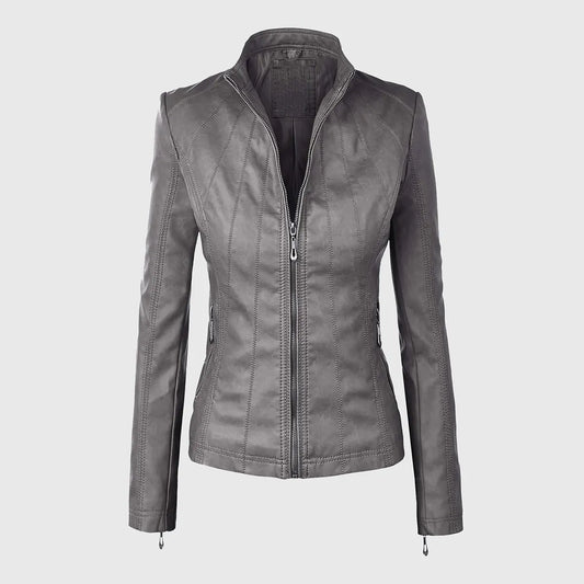 Womens Grey Moto Biker Leather Jacket