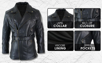 Mens Genuine Leather Coat 3/4 Quarter Motorcycle Black Biker Long Jacket Leather Car Coat Winter Outerwear