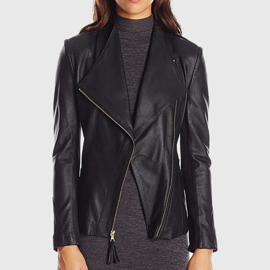 Womens Black Double Rider Biker Leather Jacket