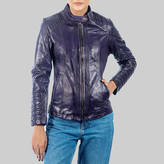 Women’s Purple Distressed Biker Leather Jacket