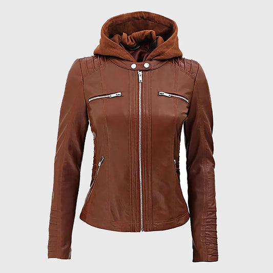 Women’s Cognac Hooded Leather Biker Jacket