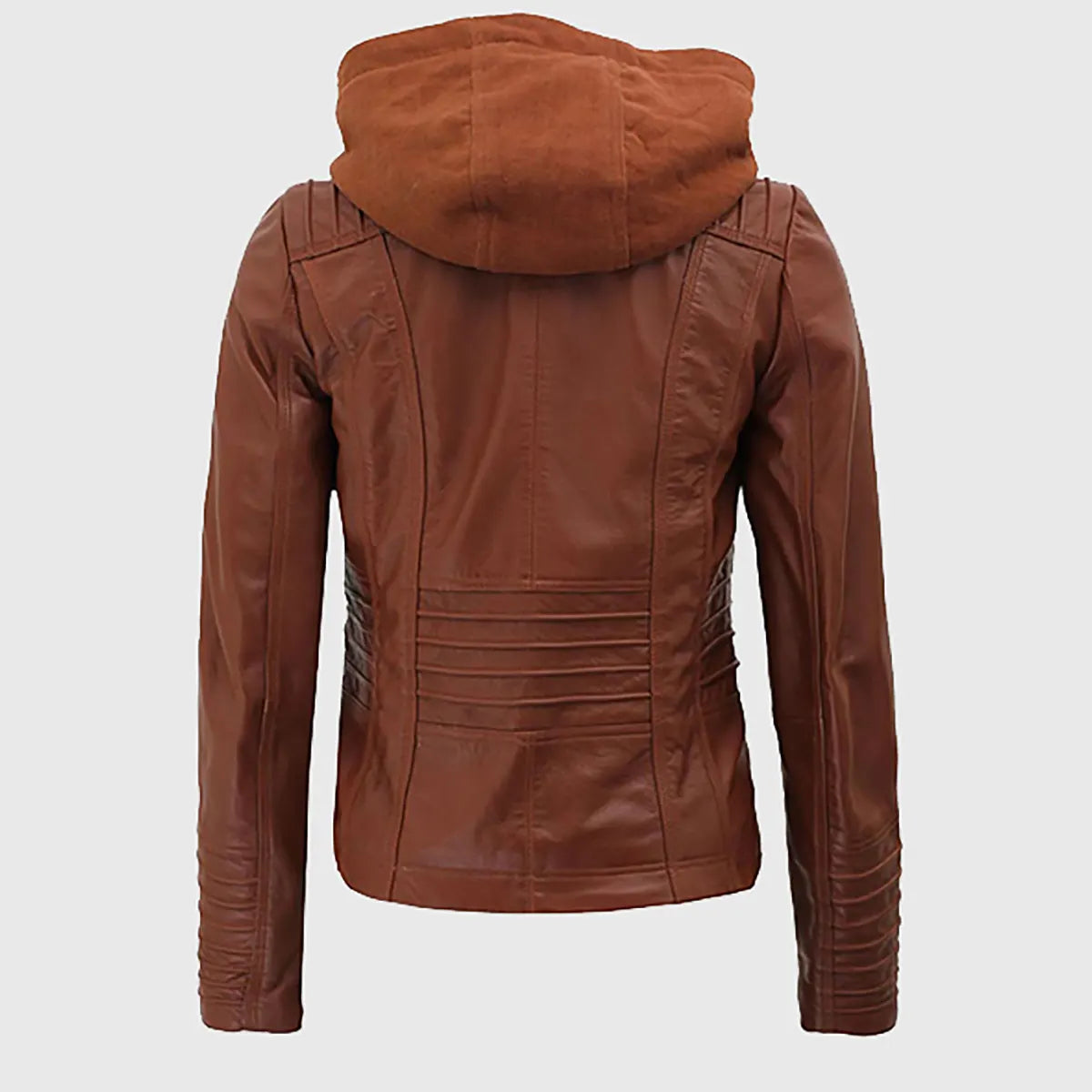 Women’s Cognac Hooded Leather Biker Jacket