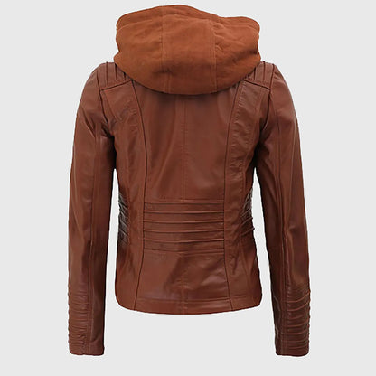 Women’s Cognac Hooded Leather Biker Jacket