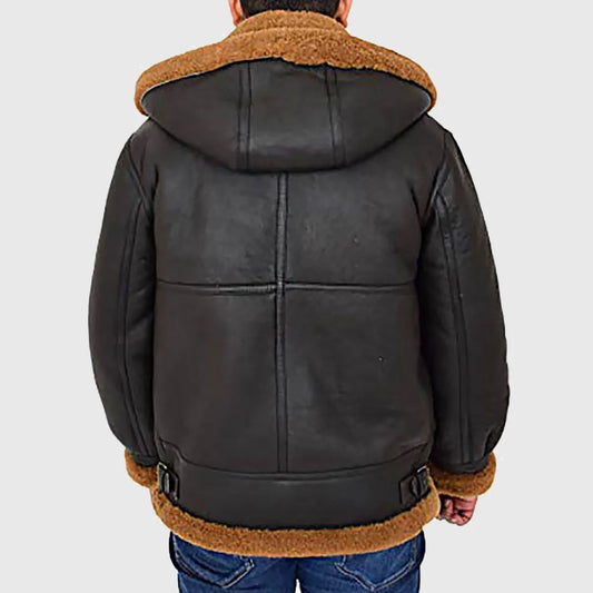 Men’s Black Hooded B-3 Bomber Leather Jacket