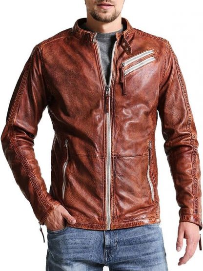 Mens Vintage Leather Distressed Biker Jacket